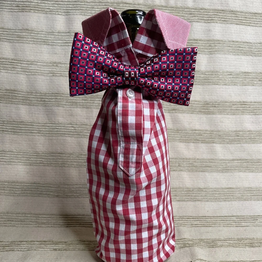 Handcrafted Wine or Liquor Bottle Gift Bag Made From Shirt and Tie